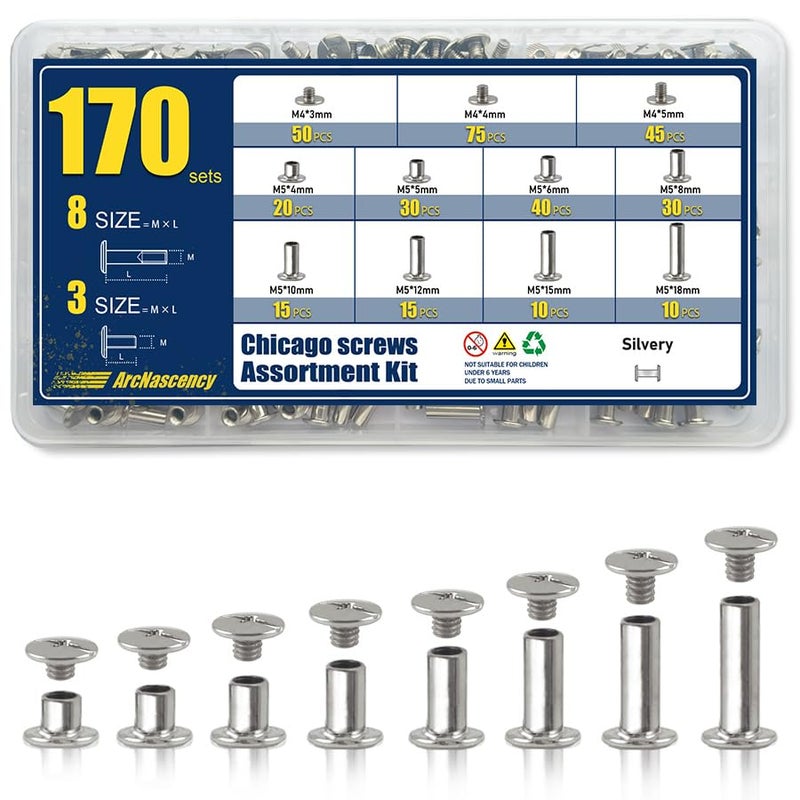 ArcNascency Store 170 Sets Silvery Chicago Screws Leather Rivets Kit, 8 Sizes (M5*4,5,6,8,10,12,15,18) & 3 Screw Lengths (M4*3,4,5) for Belts, Bookbinding, DIY Leather (Silvery) - Image 1